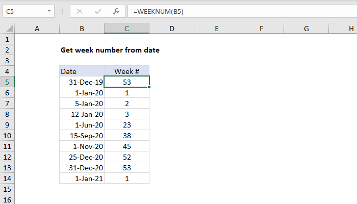Excel formula Get week number from date Exceljet